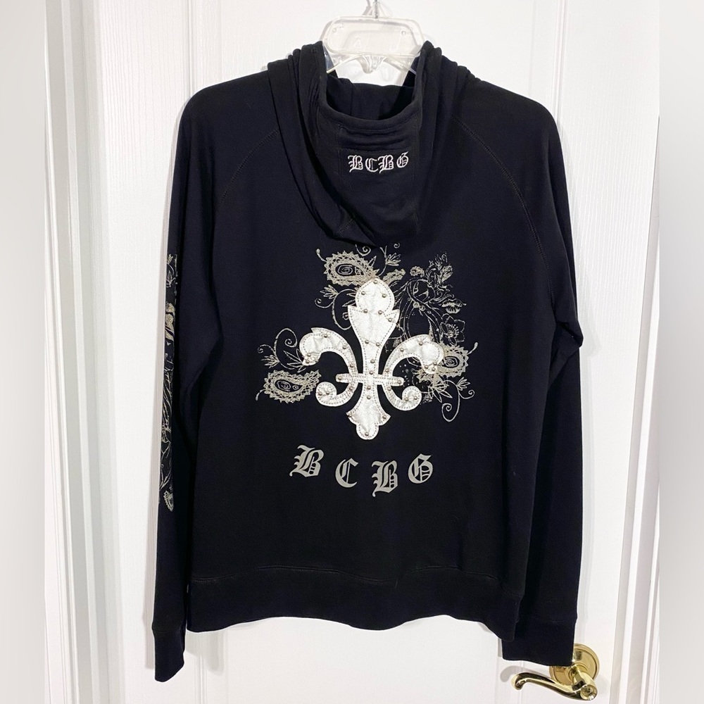 BCBGMaxAzria Studded Fleur de Lis Metallic Zip Up Hoodie Black Size 1X